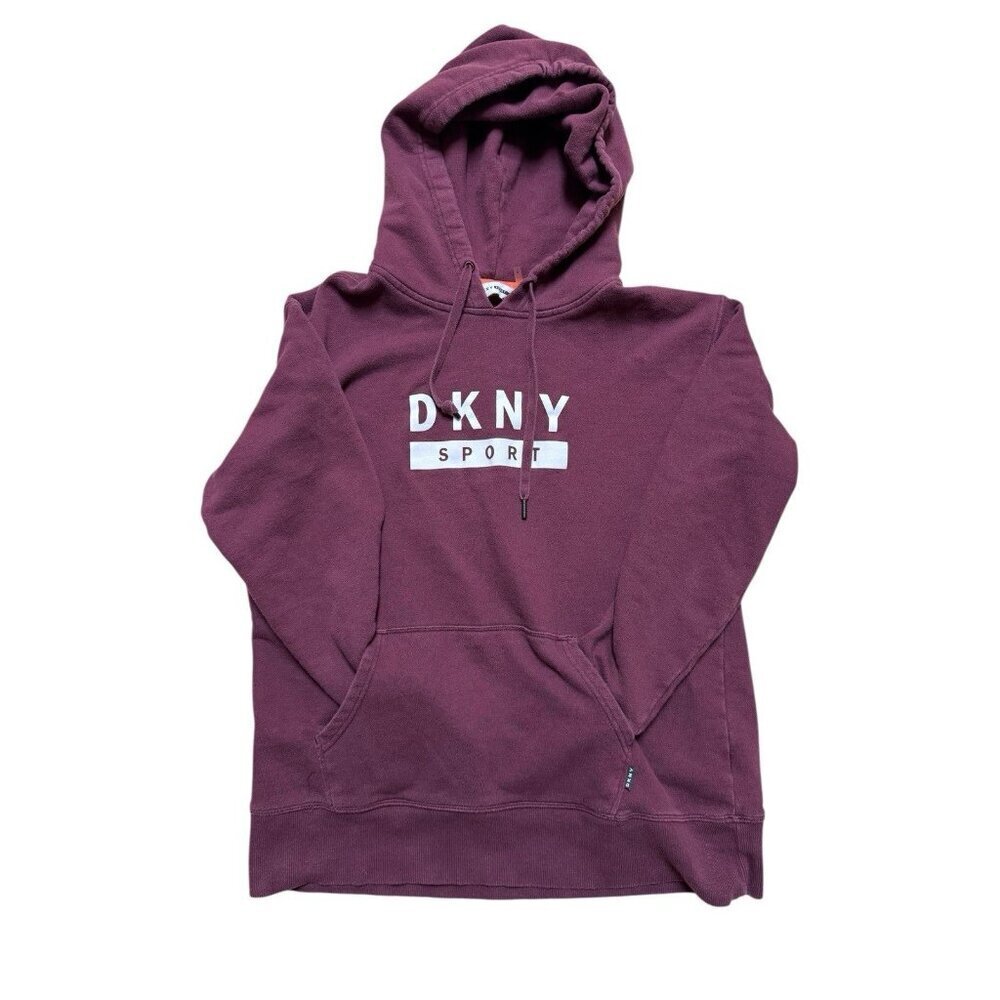 DKNY Sport Burgundy Logo Pullover Hoodie Sweatshirt Kangaroo Pocket M